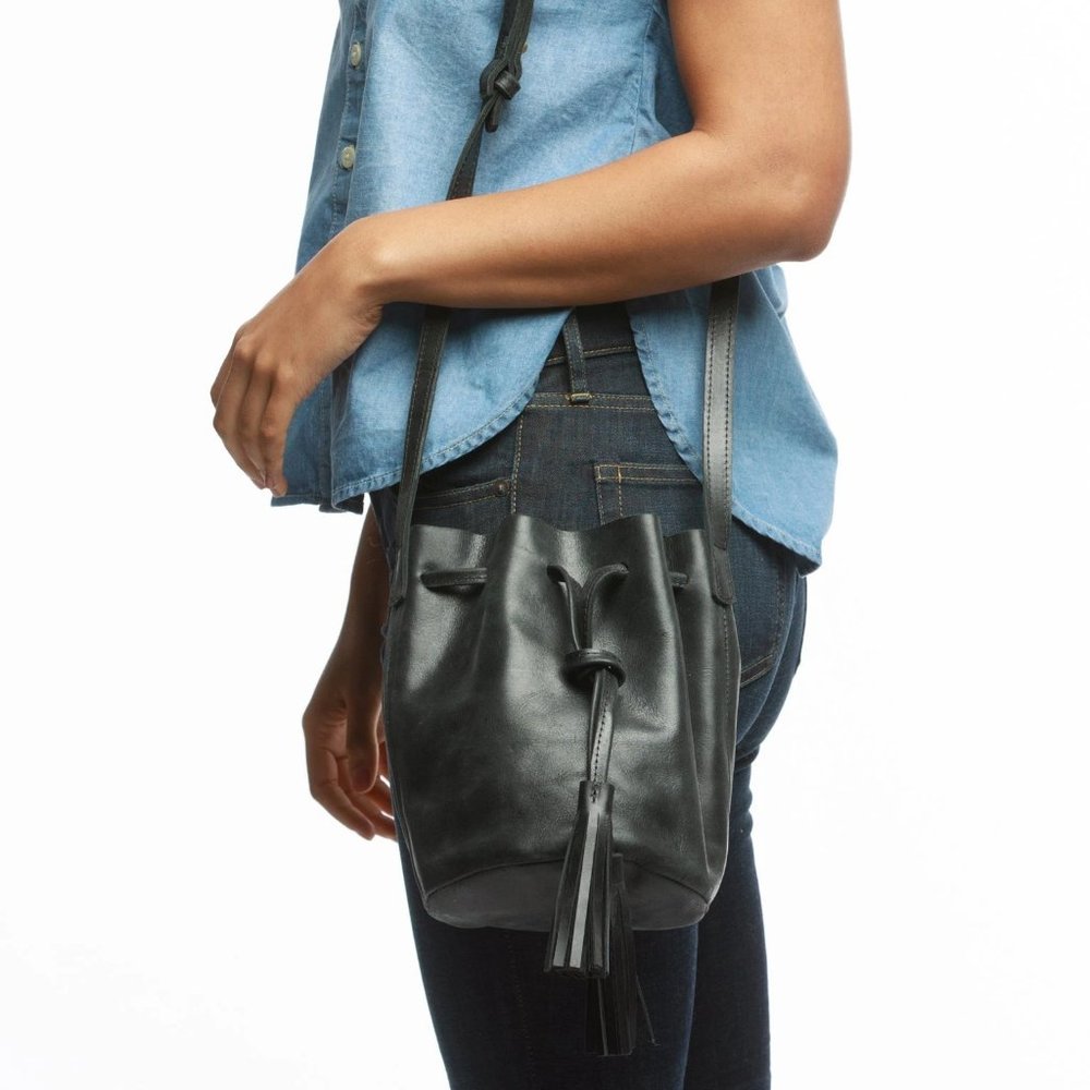 Able Bucket Purse - Tassel Black Leather Ethical Fair Trade Mod Twee Festival